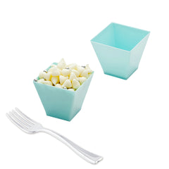 Mini Serve 100 2 oz Square Baby Blue Plastic Mini Kova Cups and 100 Silver Plastic 4