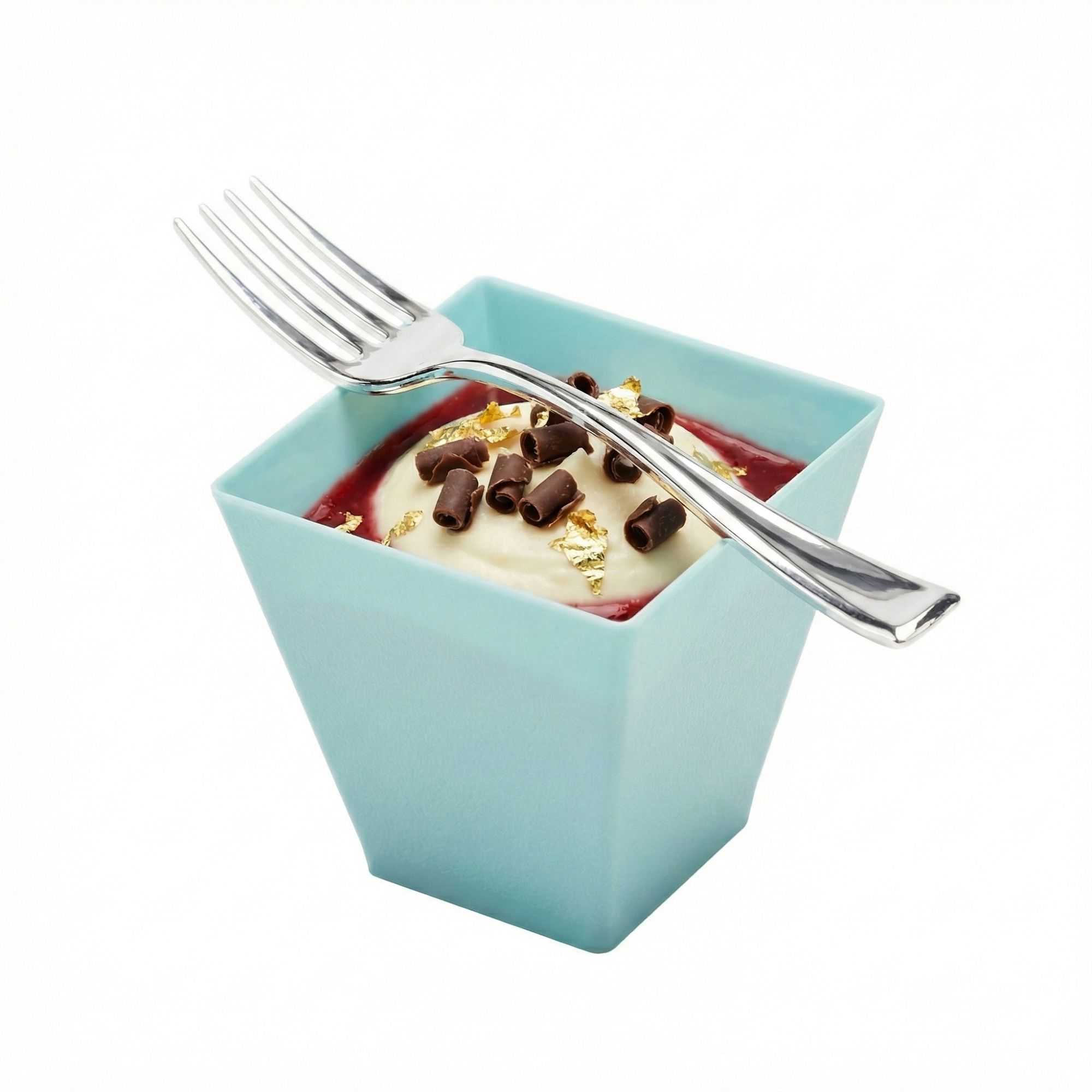 Mini Serve 100 2 oz Square Baby Blue Plastic Mini Kova Cups and 100 Silver Plastic 4" Mini Forks