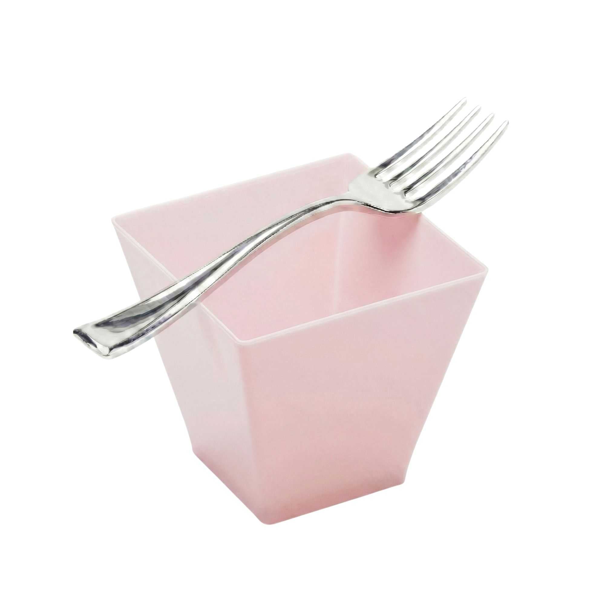 Mini Serve 100 2 oz Square Powder Pink Plastic Mini Kova Cups and 100 Silver Plastic 4" Mini Forks