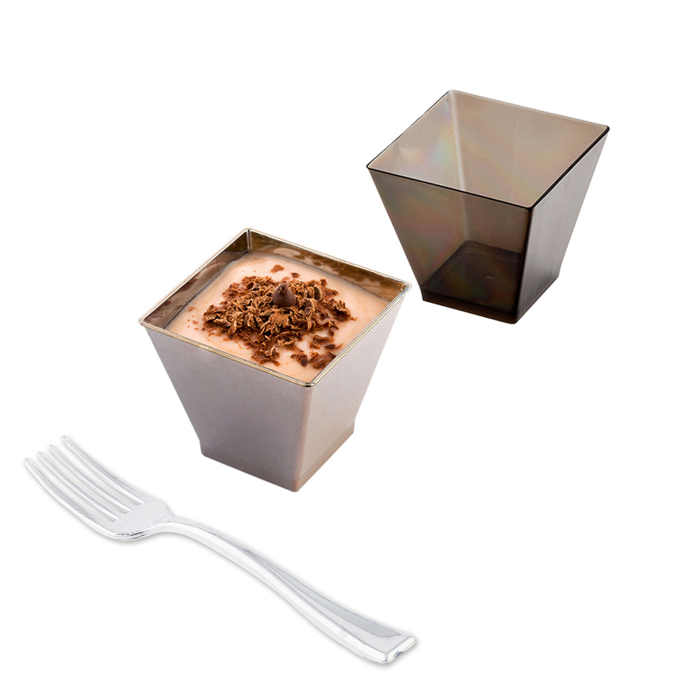 Mini Serve 100 2 oz Square Smoked Gray Plastic Mini Kova Cups and 100 Silver Plastic 4" Mini Forks