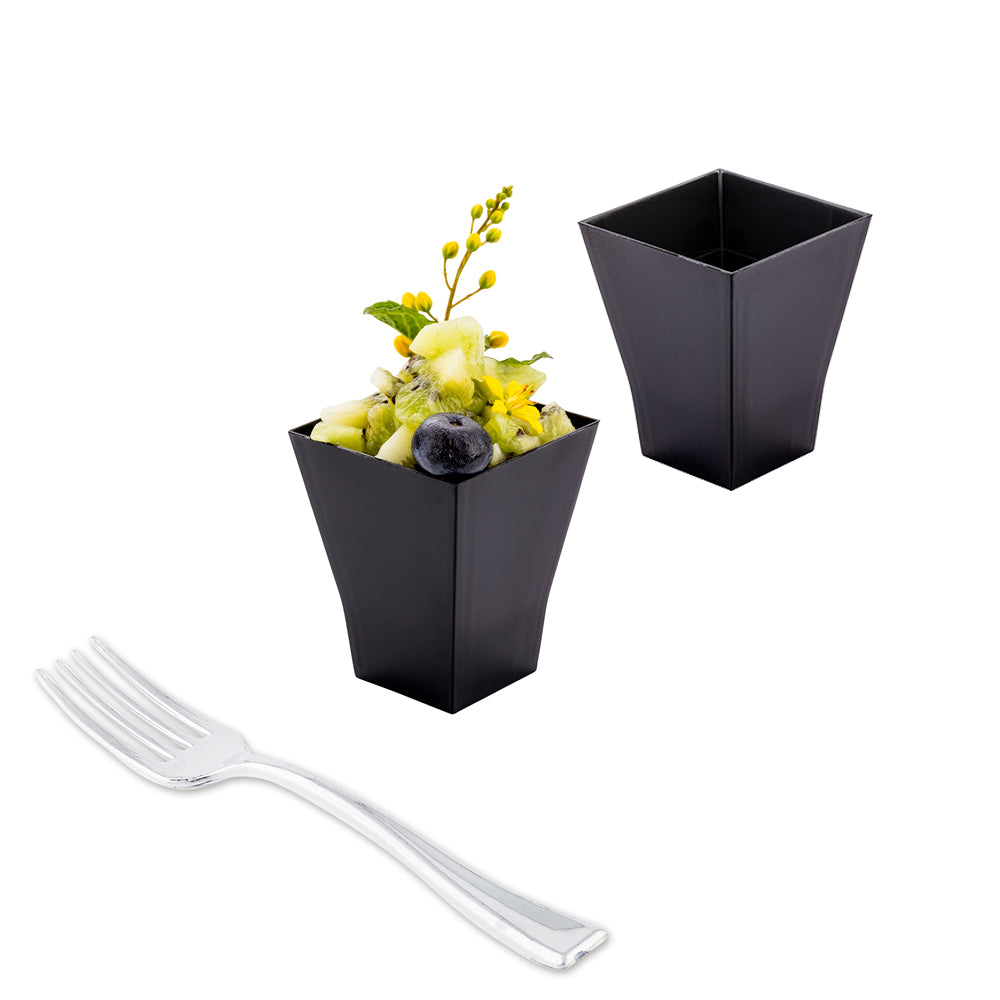 Mini Serve 100 2 oz Square Black Plastic Bonito Cups and 100 Silver Plastic 4" Mini Forks
