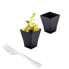 Mini Serve 100 2 oz Square Black Plastic Bonito Cups and 100 Silver Plastic 4