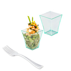 Mini Serve 100 2 oz Square Seagreen Plastic Bonito Cups and 100 Silver Plastic 4
