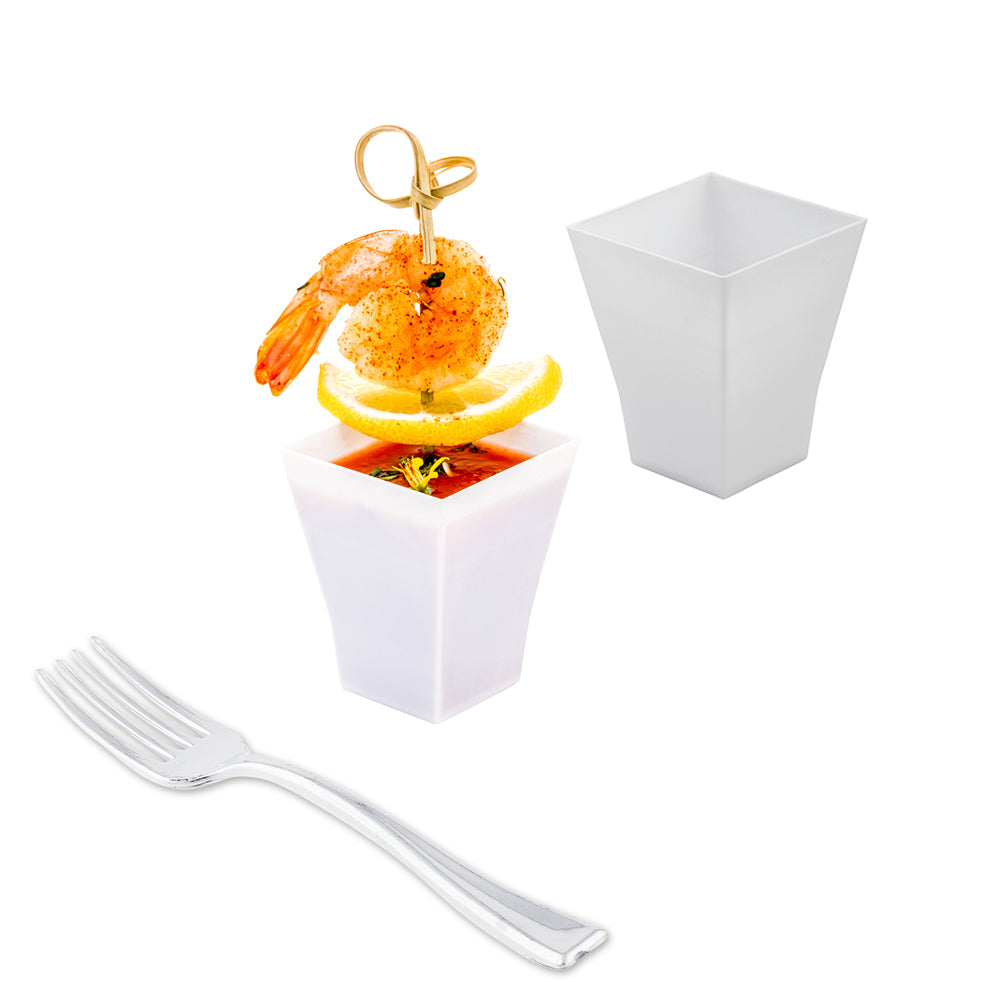 Mini Serve 100 2 oz Square White Plastic Bonito Cups and 100 Silver Plastic 4" Mini Forks