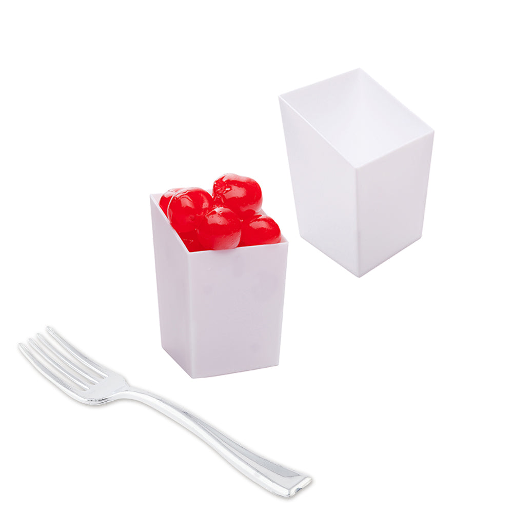 Mini Serve 100 3 oz Square White Plastic Incline Cups and 100 Silver Plastic 4" Mini Forks