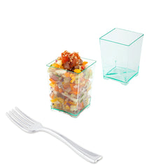 Mini Serve 100 4 oz Square Seagreen Plastic Tall Quadrato Cups and 100 Silver Plastic 4