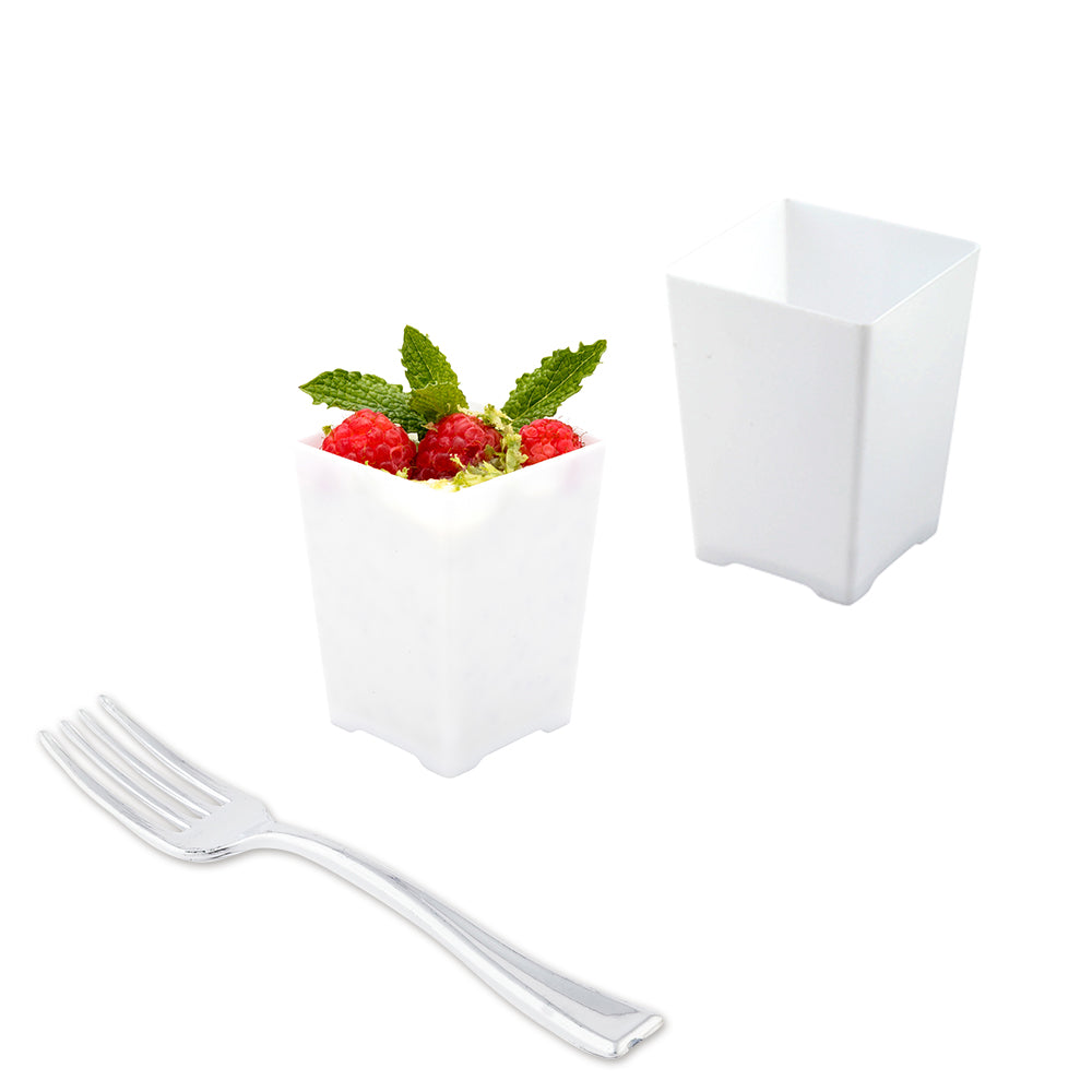 Mini Serve 100 4 oz Square White Plastic Tall Quadrato Cups and 100 Silver Plastic 4" Mini Forks