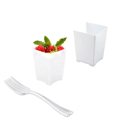 Mini Serve 100 4 oz Square White Plastic Tall Quadrato Cups and 100 Silver Plastic 4