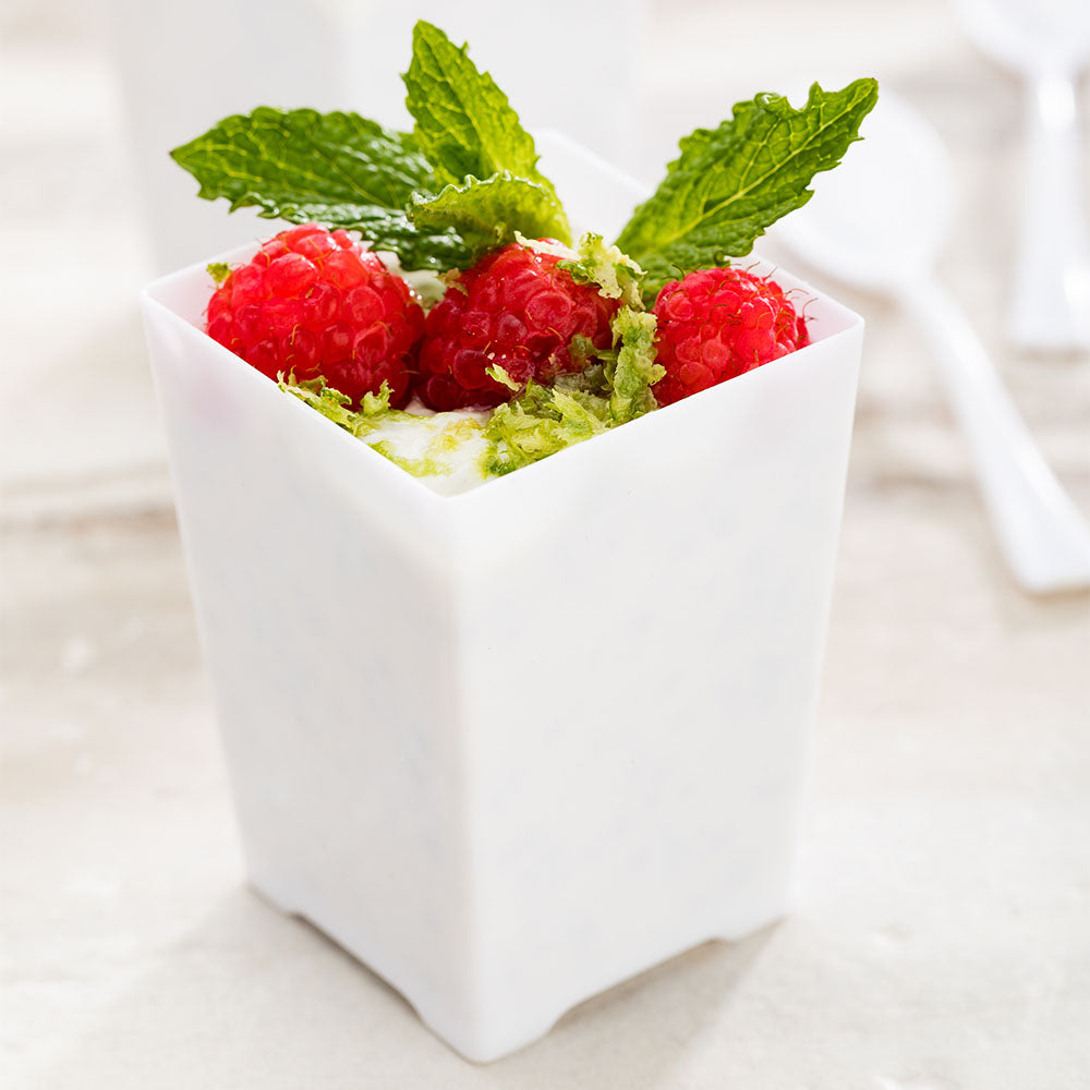 Mini Serve 100 4 oz Square White Plastic Tall Quadrato Cups and 100 Silver Plastic 4" Mini Forks