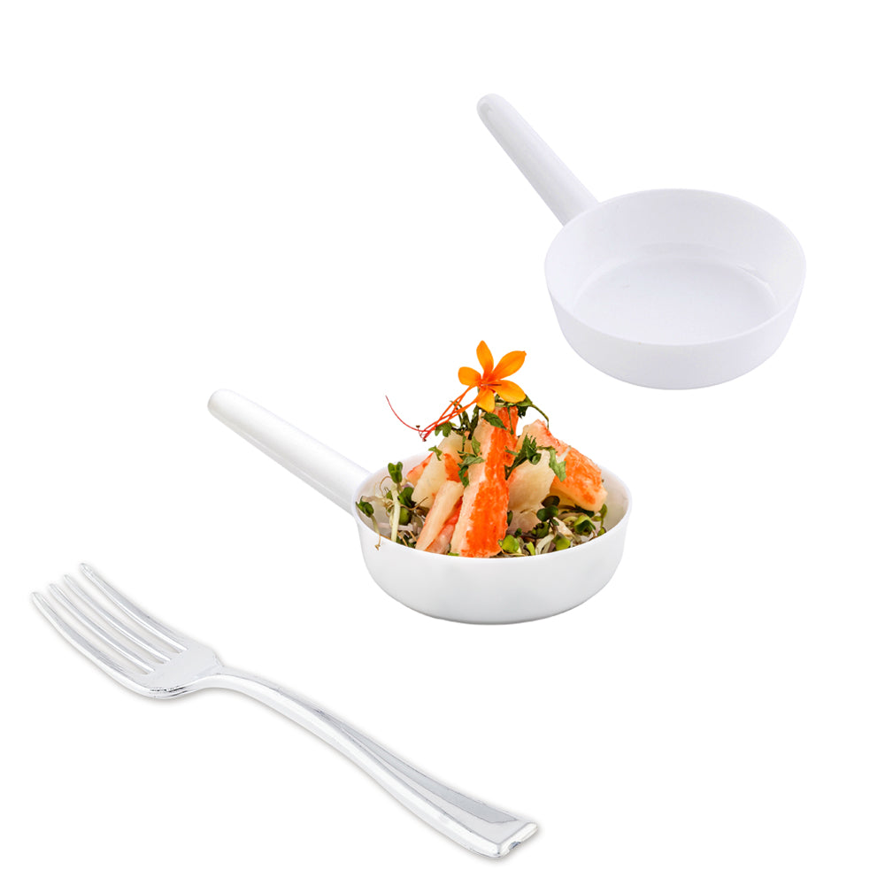 Mini Serve 100 1 oz Round White Plastic Mini Sauce Pans and 100 Silver Plastic 4" Mini Forks