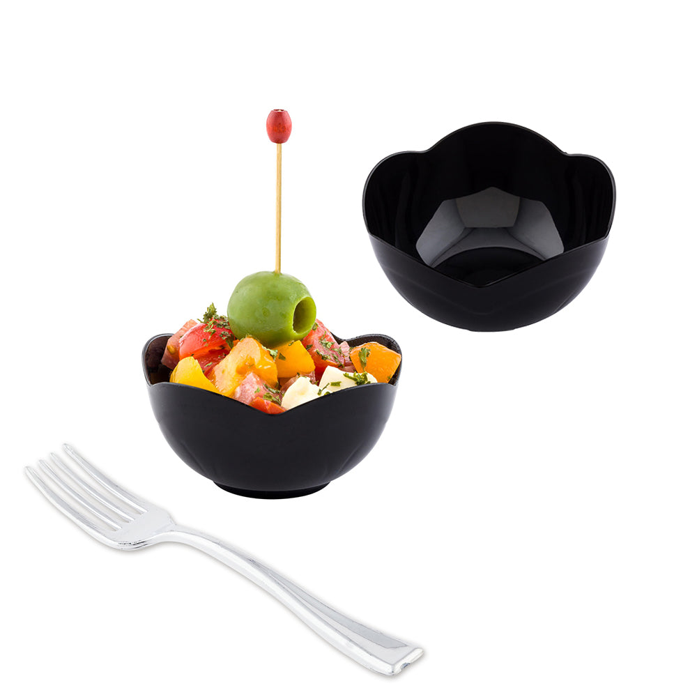 Mini Serve 100 2 oz Round Black Plastic Le Fleur Cups and 100 Silver Plastic 4" Mini Forks