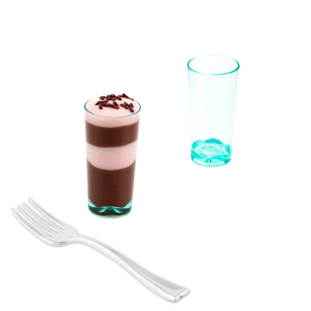 Mini Serve 100 2 oz Round Seagreen Plastic Cannello Shot Glass and 100 Silver Plastic 4" Mini Forks
