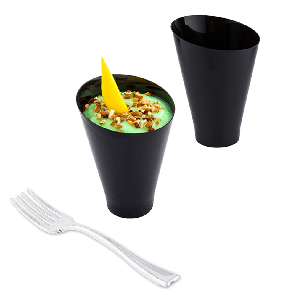 Mini Serve 100 7 oz Round Black Plastic Incline Glass and 100 Silver Plastic 4" Mini Forks
