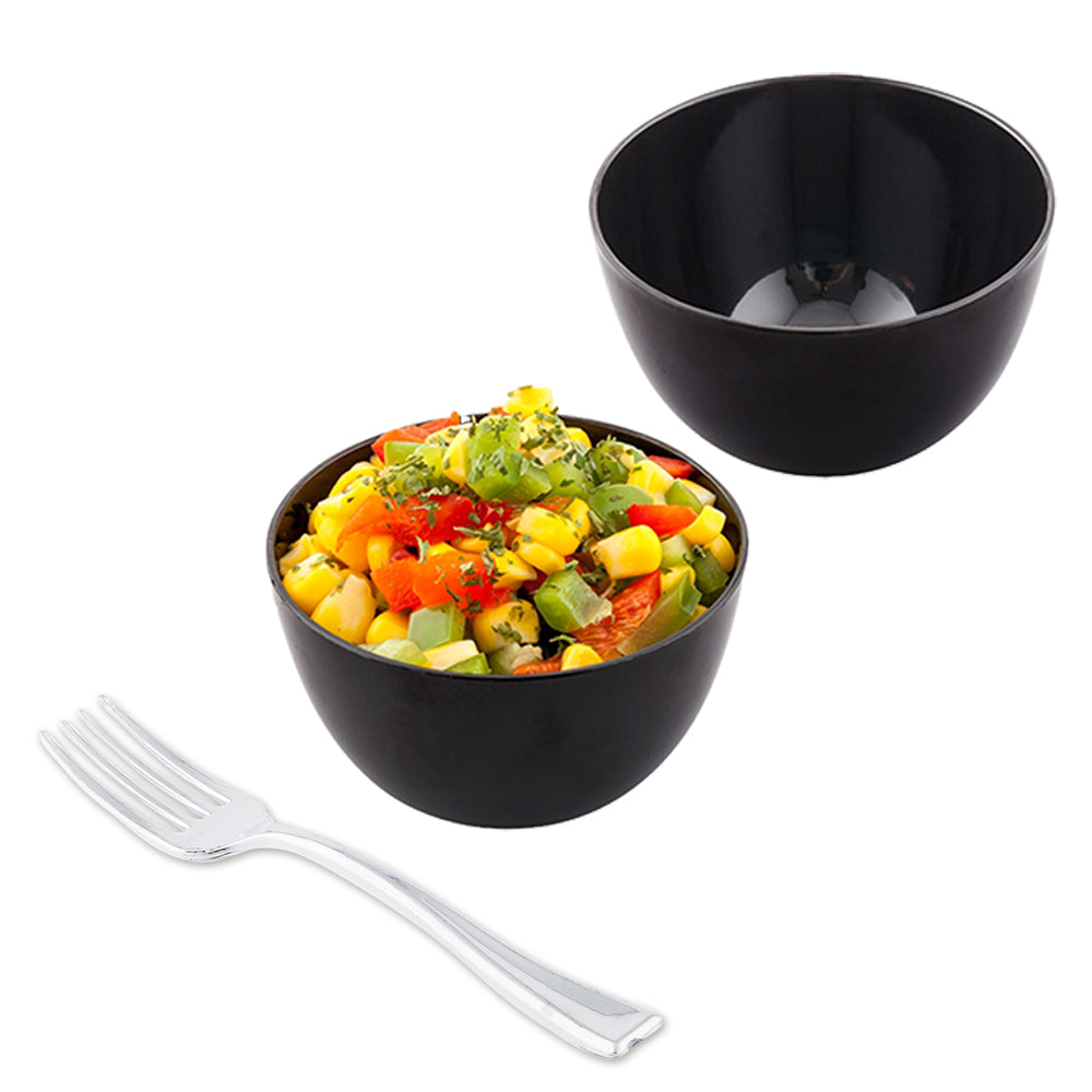 Mini Serve 100 4 oz Round Black Plastic Bodega Cups and 100 Silver Plastic 4" Mini Forks