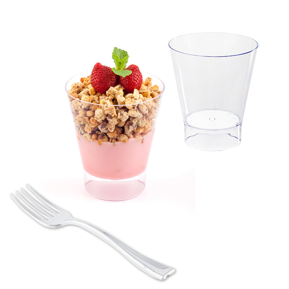 Mini Serve 100 7 oz Round Clear Plastic Large Parfait Glass and 100 Silver Plastic 4" Mini Forks