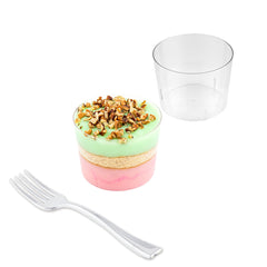 Mini Serve 100 6 oz Round Clear Plastic Cylindro Cups and 100 Silver Plastic 4