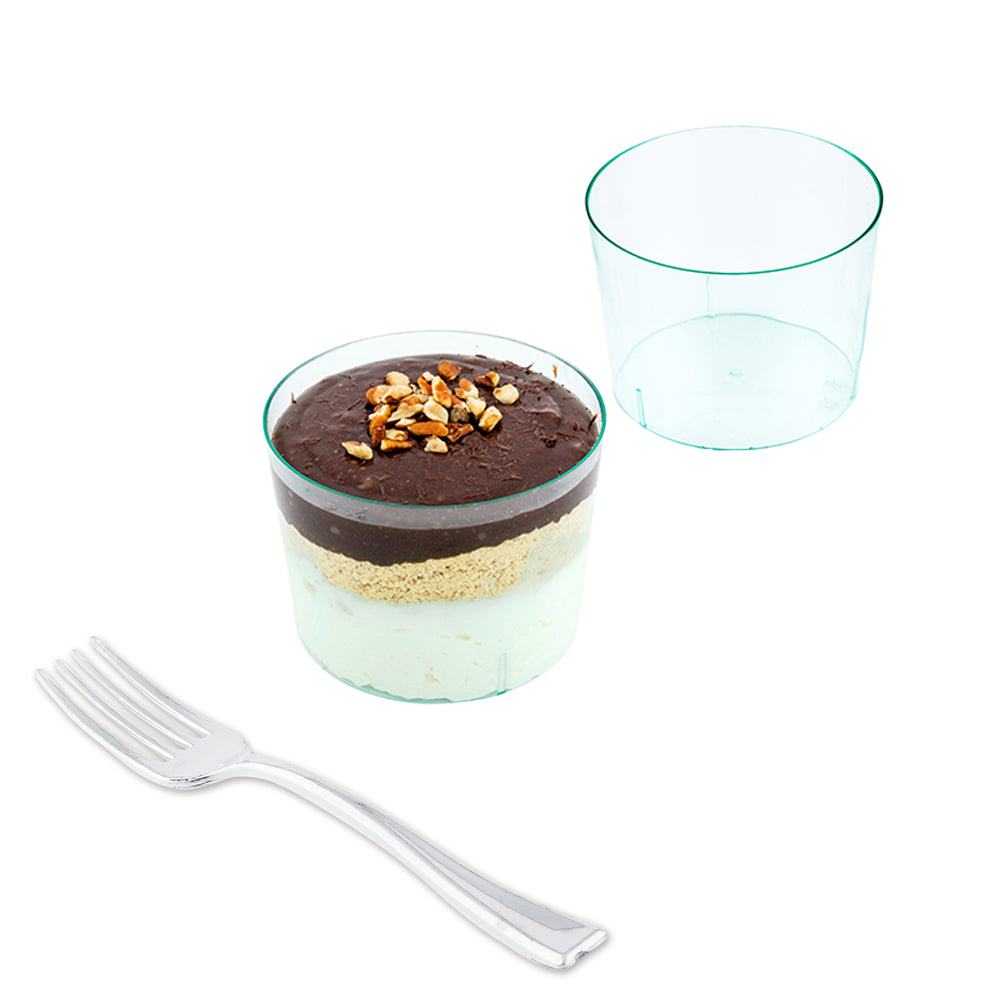 Mini Serve 100 6 oz Round Seagreen Plastic Cylindro Cups and 100 Silver Plastic 4" Mini Forks