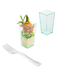 Mini Serve 100 4 oz Square Seagreen Plastic Tall Geometric Cups and 100 Silver Plastic 4