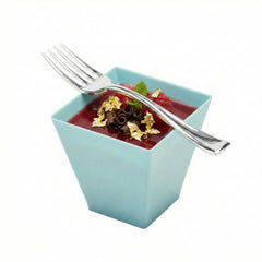 Mini Serve 100 8 oz Square Baby Blue Plastic Large Kova Cups and 100 Silver Plastic 4