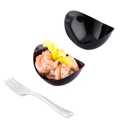 Mini Serve 100 2 oz Oval Black Plastic Alato Tasting Dish and 100 Silver Plastic 4