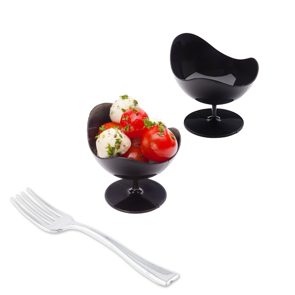 Mini Serve 100 2 oz Round Black Plastic Ball Chairs and 100 Silver Plastic 4" Mini Forks