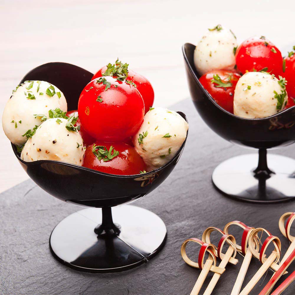 Mini Serve 100 2 oz Round Black Plastic Ball Chairs and 100 Silver Plastic 4" Mini Forks