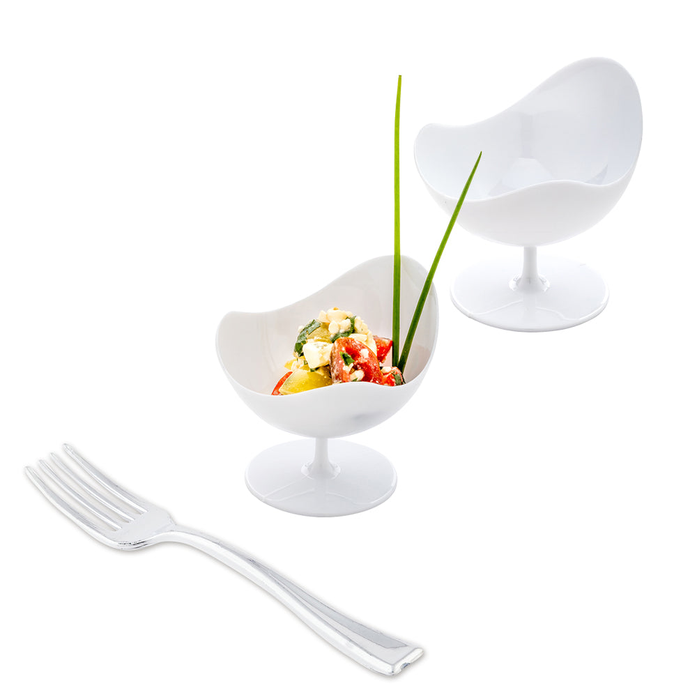 Mini Serve 100 2 oz Round White Plastic Ball Chairs and 100 Silver Plastic 4" Mini Forks