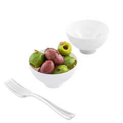 Mini Serve 100 2 oz Round White Plastic Coppa Bowls and 100 Silver Plastic 4