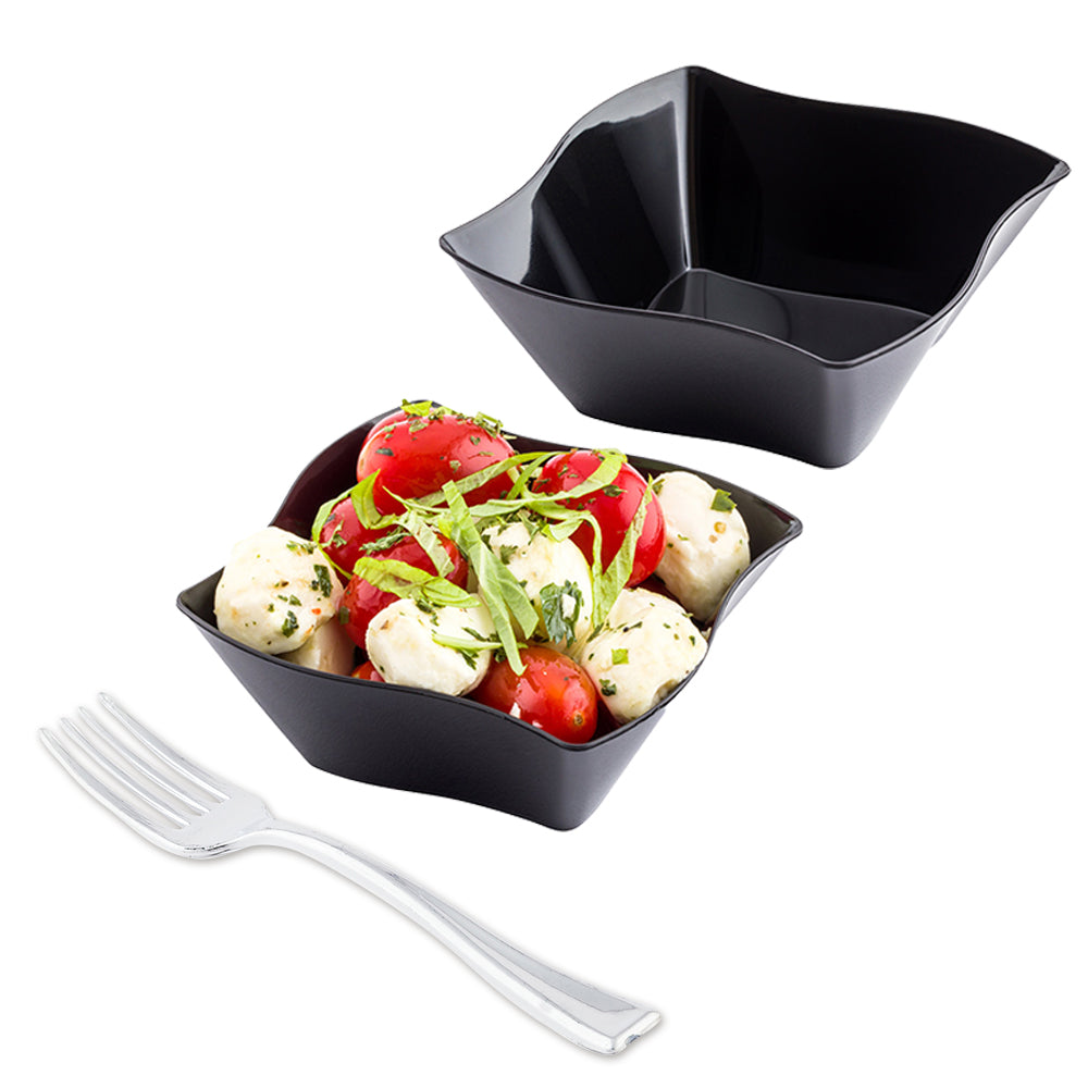 Mini Serve 100 6 oz Square Black Plastic Aqua Bowls and 100 Silver Plastic 4" Mini Forks