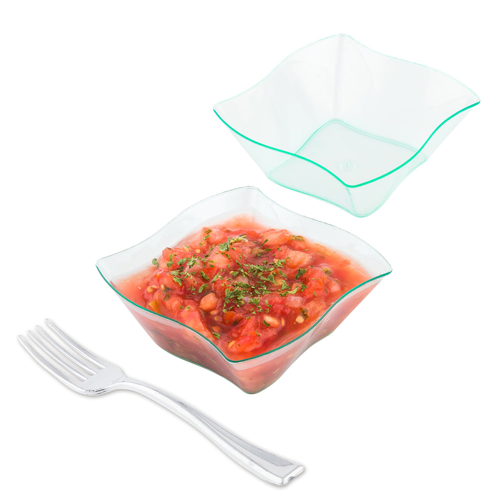 Mini Serve 100 6 oz Square Seagreen Plastic Aqua Bowls and 100 Silver Plastic 4" Mini Forks