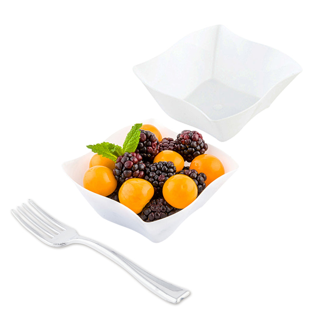 Mini Serve 100 6 oz Square White Plastic Aqua Bowls and 100 Silver Plastic 4" Mini Forks