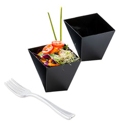 Mini Serve 100 6 oz Square Black Plastic Large Girata Dish and 100 Silver Plastic 4