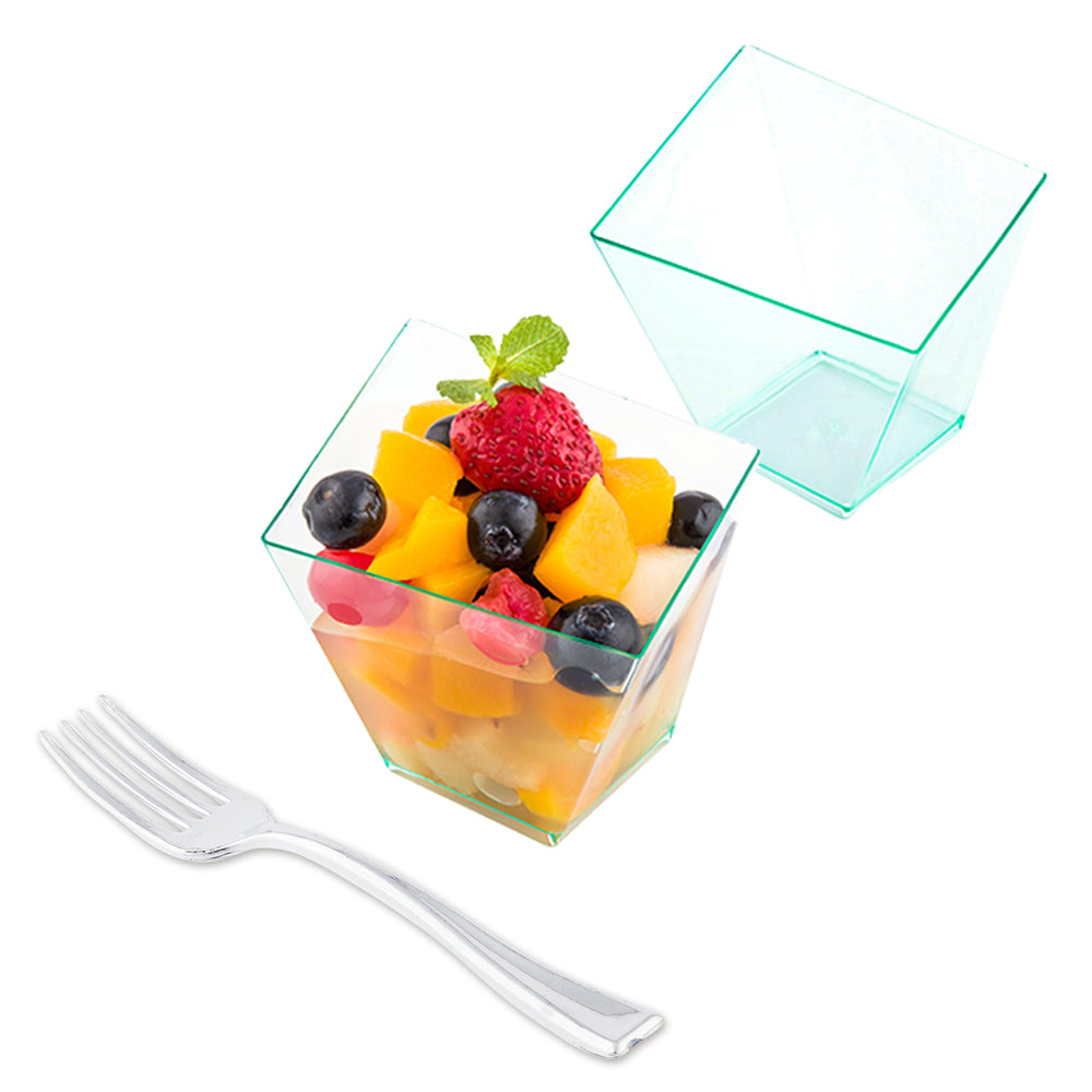 Mini Serve 100 6 oz Square Seagreen Plastic Large Girata Dish and 100 Silver Plastic 4" Mini Forks