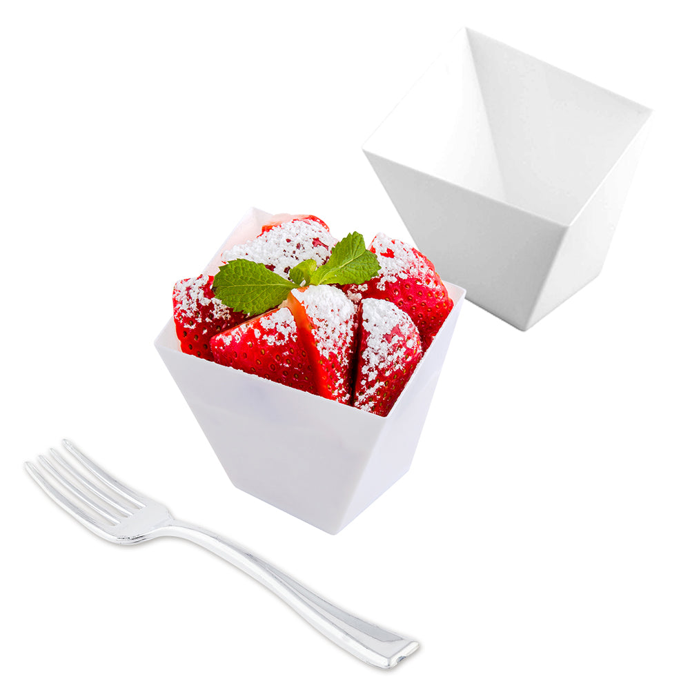 Mini Serve 100 6 oz Square White Plastic Large Girata Dish and 100 Silver Plastic 4" Mini Forks