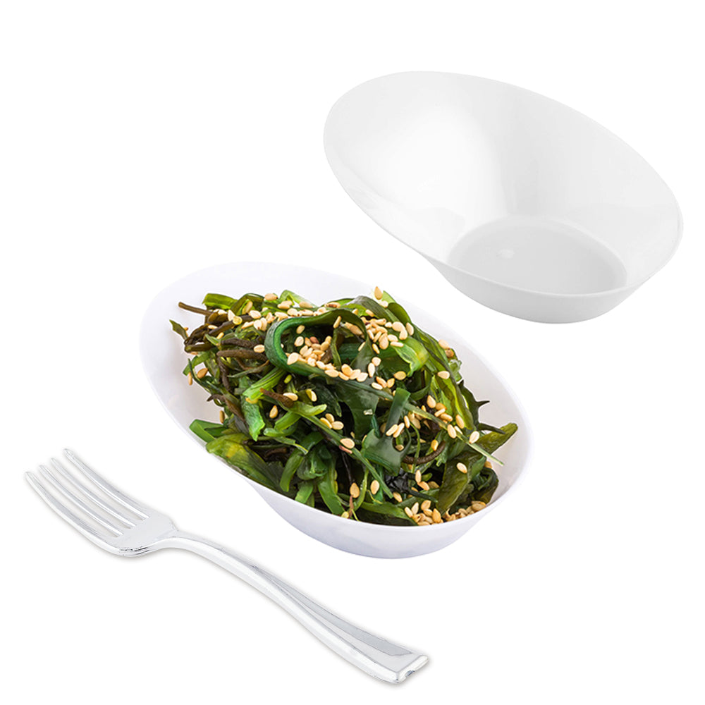 Mini Serve 100 Oval White 4" Plastic Ellipse Dish and 100 Silver Plastic 4" Mini Forks