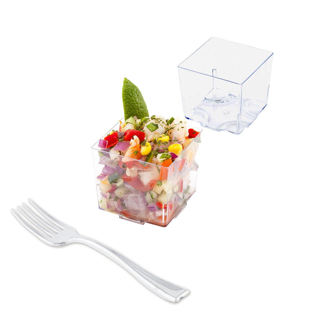 Mini Serve 100 5 oz Square Clear Plastic Large Quadrato Cubes and 100 Silver Plastic 4" Mini Forks