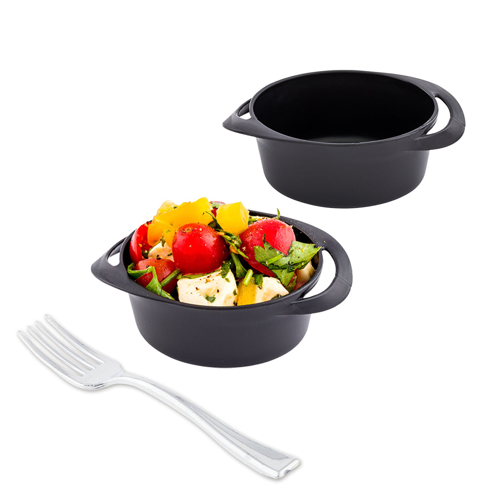 Mini Serve 100 3 oz Round Black Plastic Mini Infinity Pots and 100 Silver Plastic 4" Mini Forks