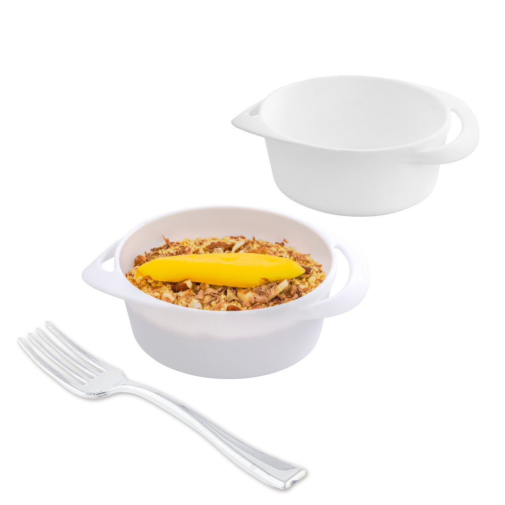 Mini Serve 100 3 oz Round White Plastic Mini Infinity Pots and 100 Silver Plastic 4" Mini Forks