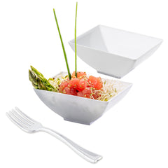 Mini Serve 100 3 oz Rectangle White Plastic Small Architetto Bowls and 100 Silver Plastic 4