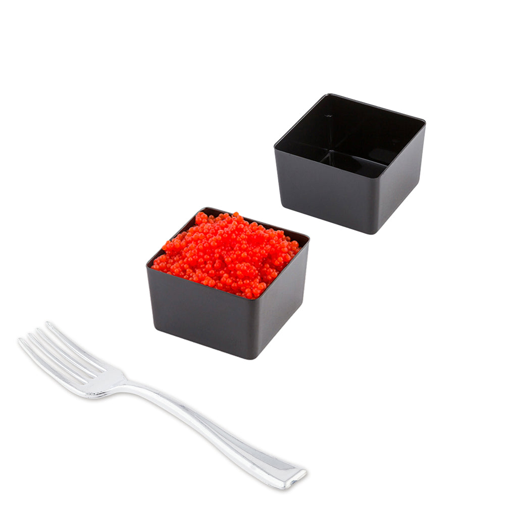 Mini Serve 100 2 oz Square Black Plastic Short Quadrato Cups and 100 Silver Plastic 4" Mini Forks