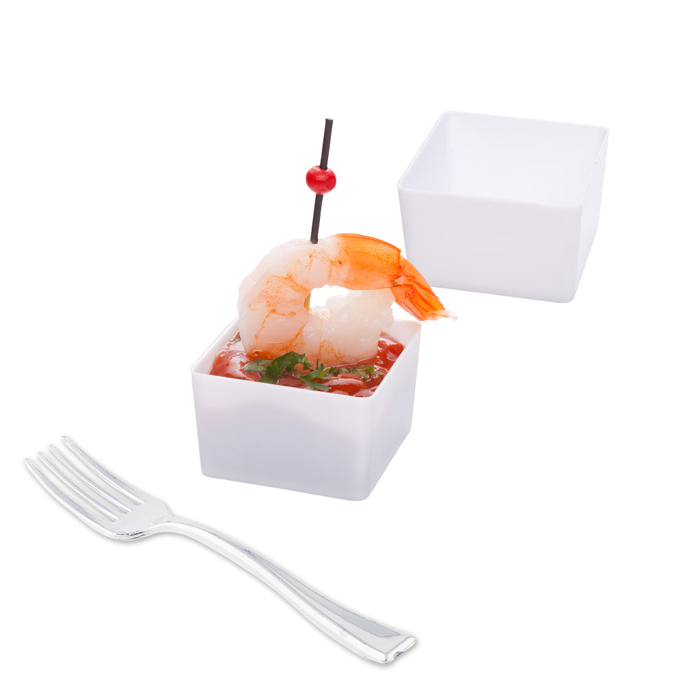 Mini Serve 100 2 oz Square White Plastic Short Quadrato Cups and 100 Silver Plastic 4" Mini Forks