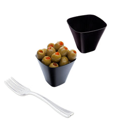 Mini Serve 100 4 oz Square Black Plastic Bellissima Tasting Cups and 100 Silver Plastic 4