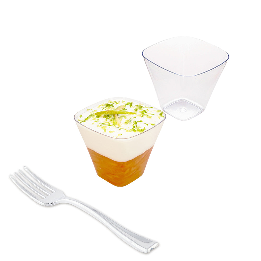 Mini Serve 100 4 oz Square Clear Plastic Bellissima Tasting Cups and 100 Silver Plastic 4" Mini Forks