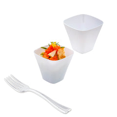 Mini Serve 100 4 oz Square White Plastic Bellissima Tasting Cups and 100 Silver Plastic 4