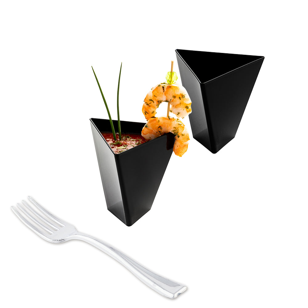 Mini Serve 100 4 oz Black Plastic Torcente Dessert Cups and 100 Silver Plastic 4" Mini Forks