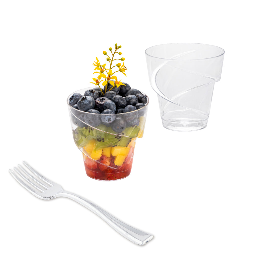 Mini Serve 100 5 oz Round Clear Plastic Mini Flourish Cups and 100 Silver Plastic 4" Mini Forks