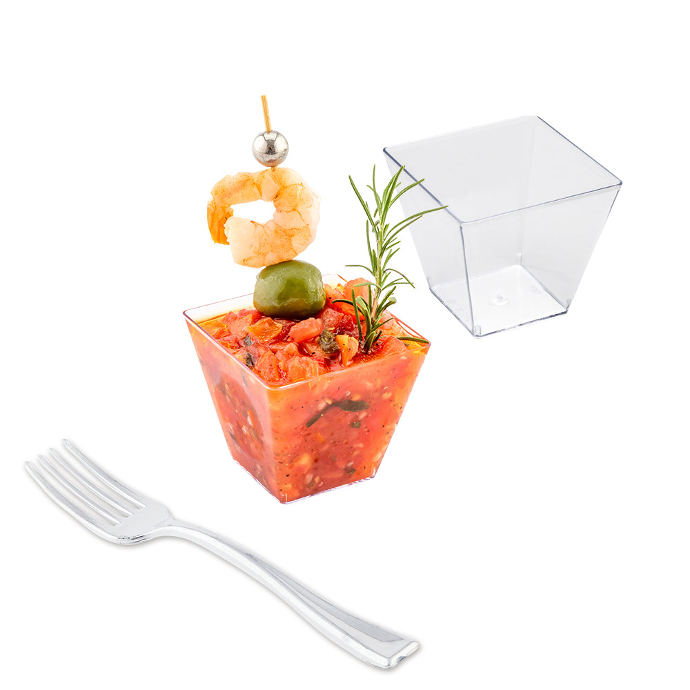Mini Serve 100 4 oz Square Clear Plastic Small Kova Cups and 100 Silver Plastic 4" Mini Forks