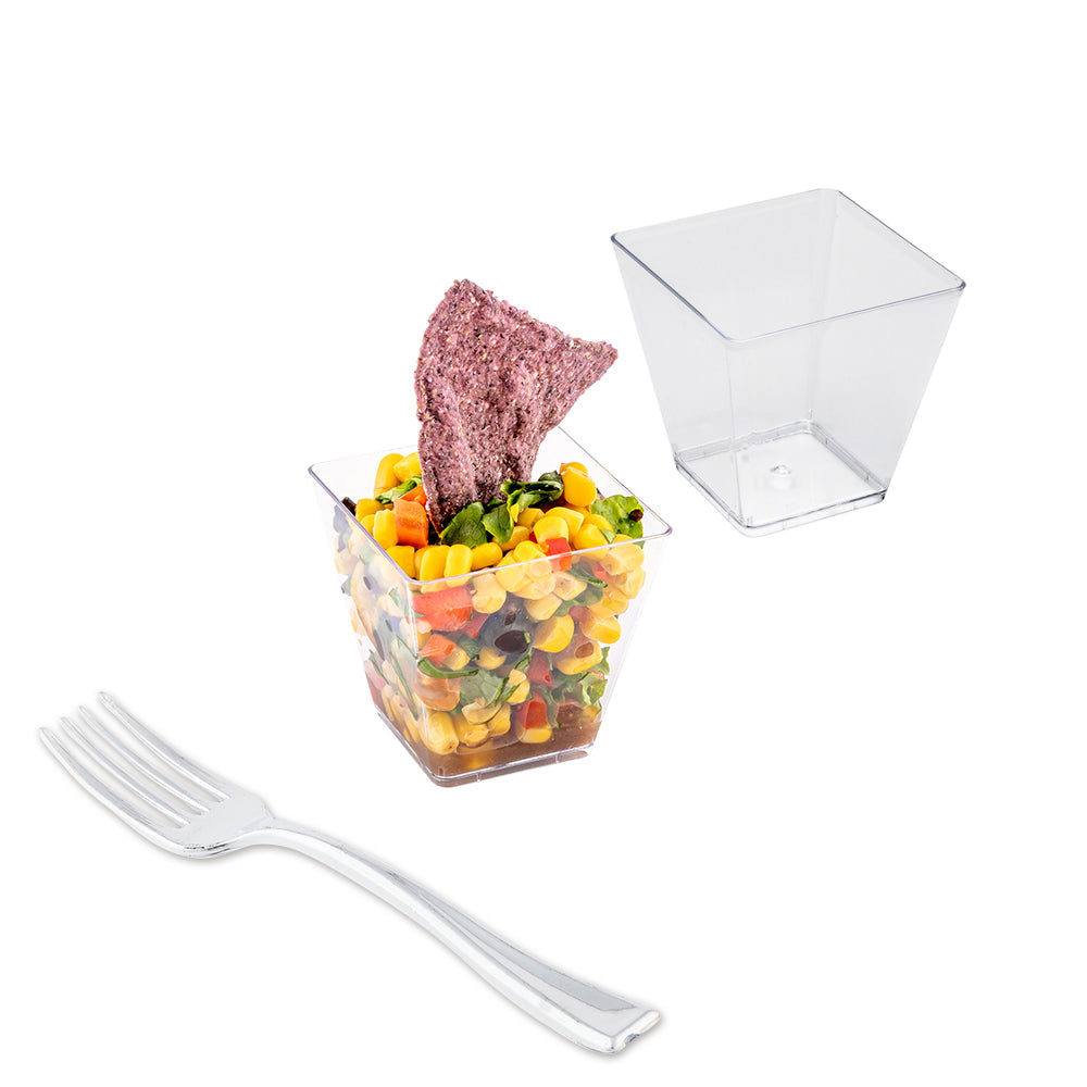 Mini Serve 100 5 oz Square Clear Plastic Medium Kova Cups and 100 Silver Plastic 4" Mini Forks