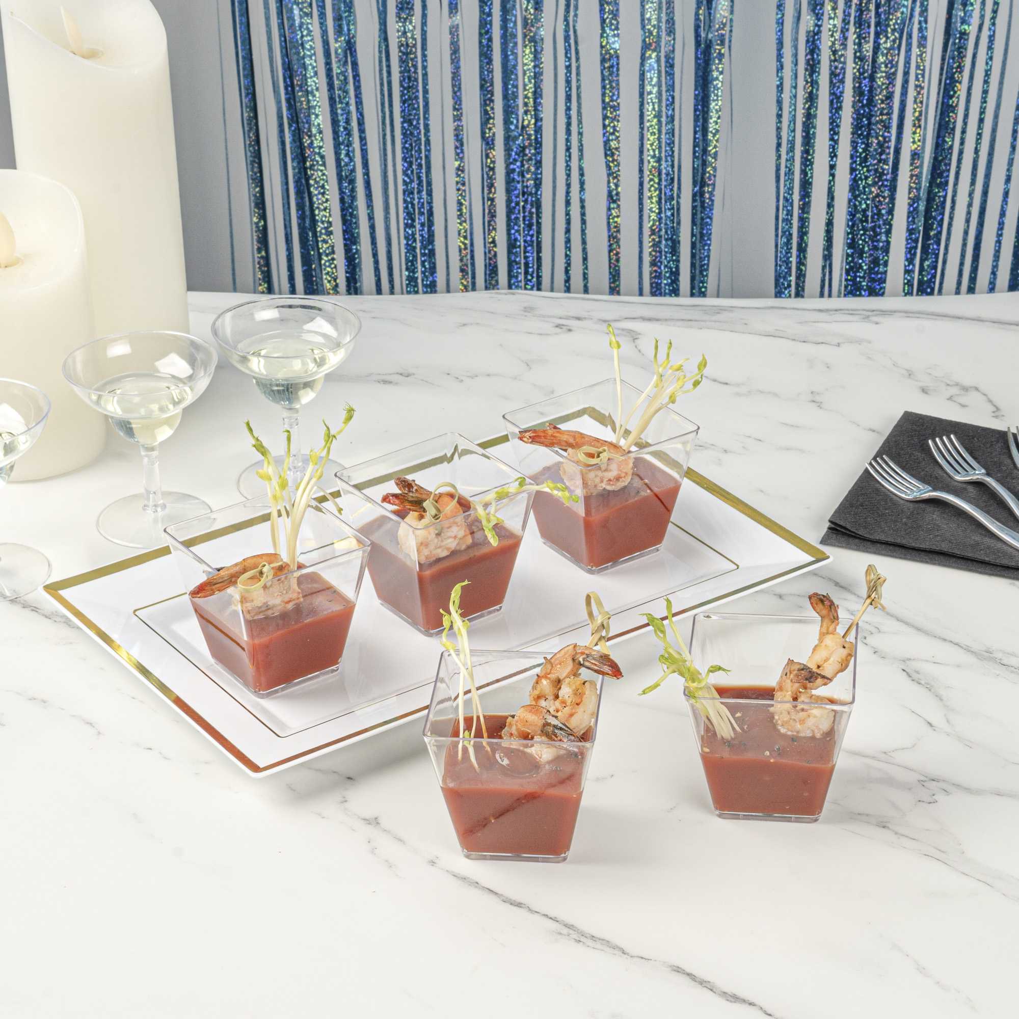 Mini Serve 100 5 oz Square Clear Plastic Medium Kova Cups and 100 Silver Plastic 4" Mini Forks