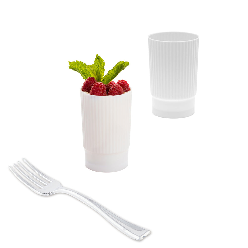 Mini Serve 100 4 oz White Plastic Toque Parfait Cups and 100 Silver Plastic 4" Mini Forks